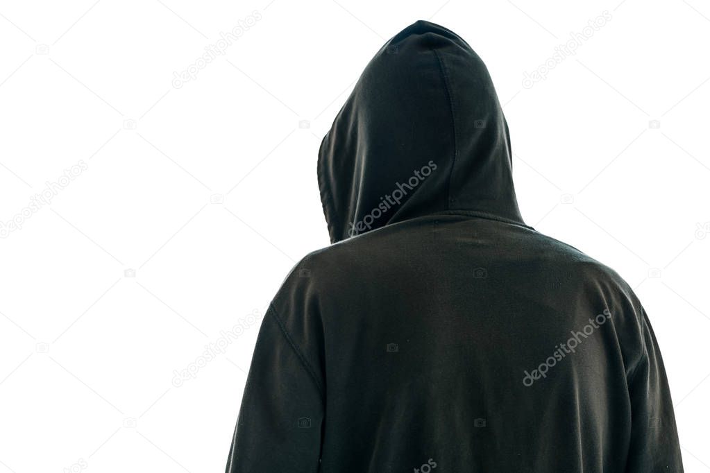 Rear view of hooded male person isolated onwhite background