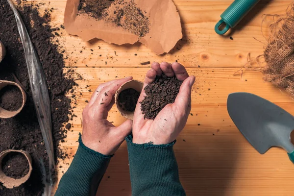 Gardener filling biodegradable soil pot container