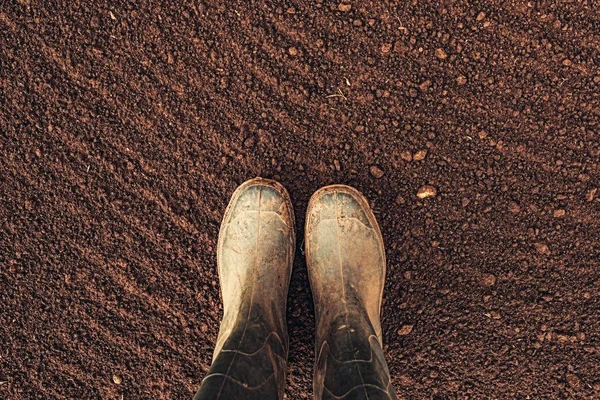 Vista dall'alto di stivali di gomma agricoltore su seminativi arati — Foto Stock