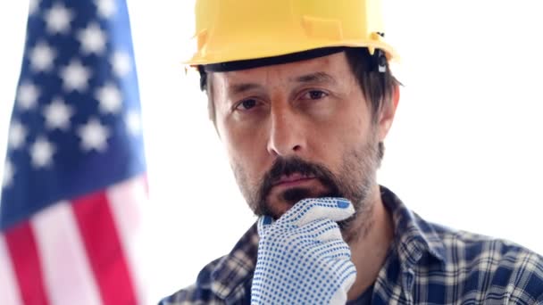 Serious American Construction Worker Isolated White Background Wearing Yellow Protective — Stock Video