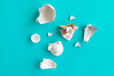 Kırık kumbara bankında elli Euro banknot sikke