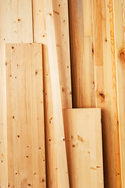 Pine wood floorboard planks in workshop — Stock Photo, Image
