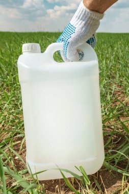 Buğday çimi alanında böcek öldürücü sürahi tutan çiftçi