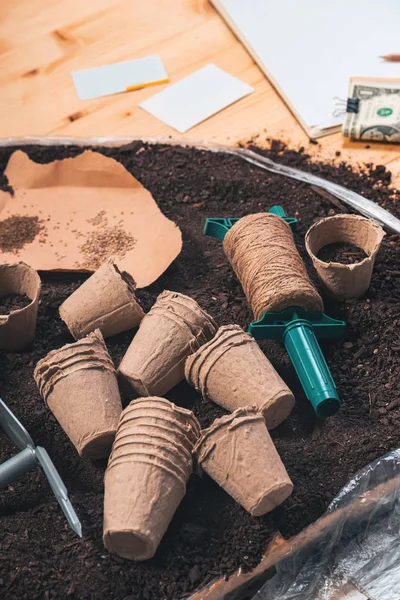 Vasos de plantas biodegradáveis no solo — Fotografia de Stock