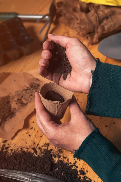 Gardener filling biodegradable soil pot container