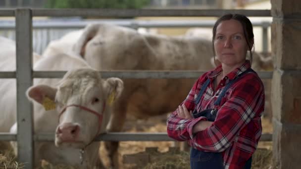Agricultor Orgulhoso Bem Sucedido Quinta Leiteira Vaca Retrato Mulher Agricultora — Vídeo de Stock