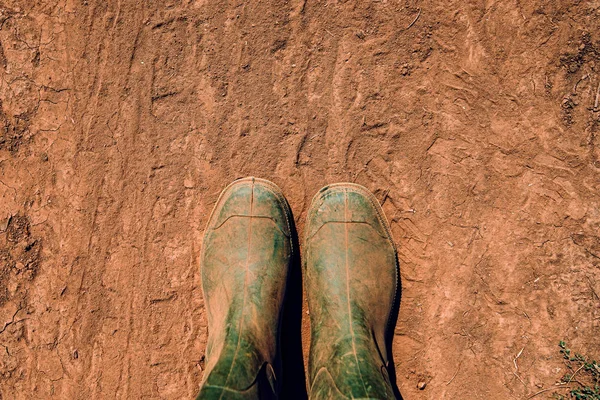 Agricultor em botas de borracha em pé na estrada de terra — Fotografia de Stock