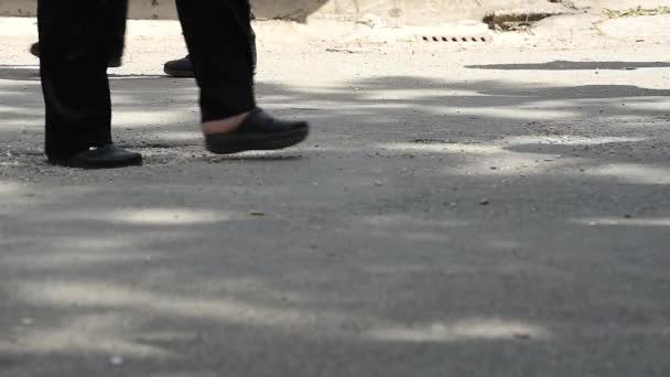 塞尔维亚诺维萨德 2019年5月11日 人们在高峰时段走在城市街道上 拥挤的人行横道 双脚朝不同方向移动 欧洲小镇的现代日常生活 — 图库视频影像