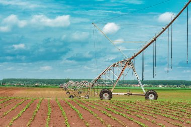Pivot irrigation system in cultivated soybean and corn field clipart