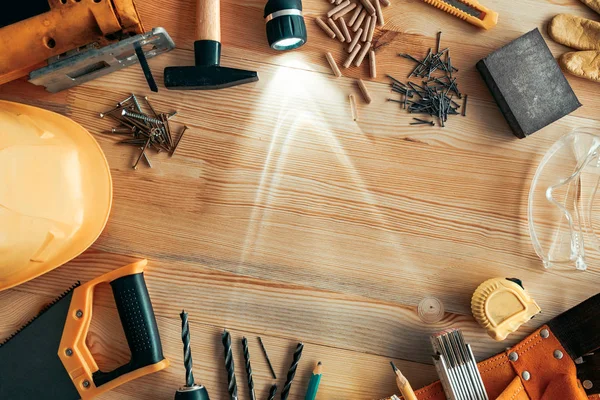 Carpenter woodwork workshop desk top view copy space — Stock Photo, Image