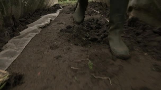 Botas Borracha Fazendeiro Andando Chão Terra Enlameada Câmera Lenta Perto — Vídeo de Stock