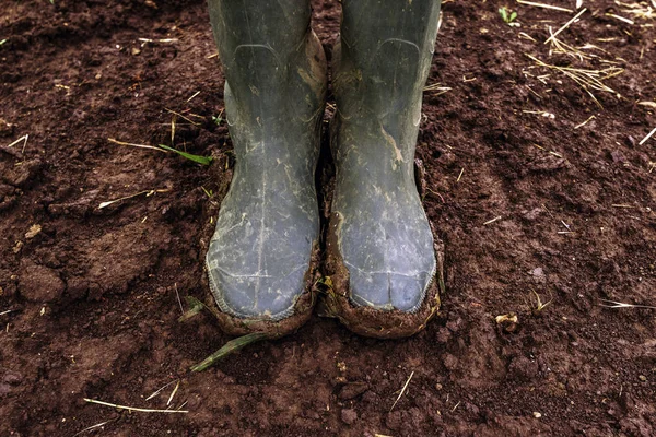 Sepatu karet petani kotor di jalan negara berlumpur — Stok Foto