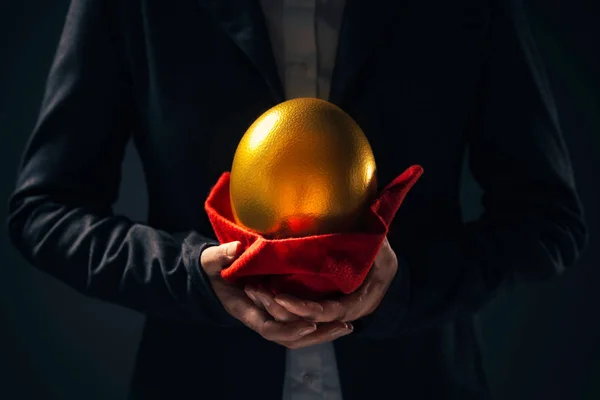 Large golden egg in hands of female business person — Stock Photo, Image