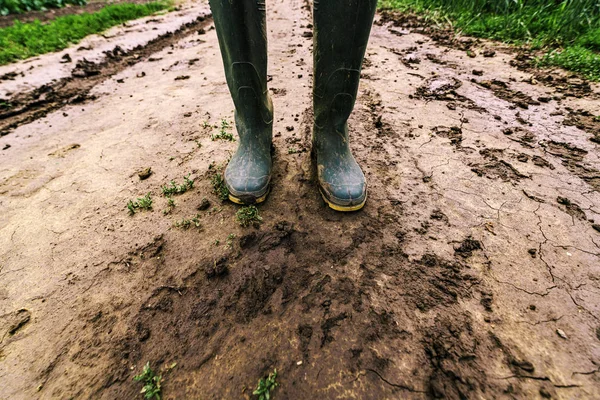 Botas de borracha sujas do fazendeiro na estrada de campo lamacenta — Fotografia de Stock