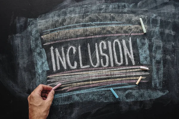 Enseignant écrivant mot Inclusion sur le tableau noir de l'école, inclusif e — Photo