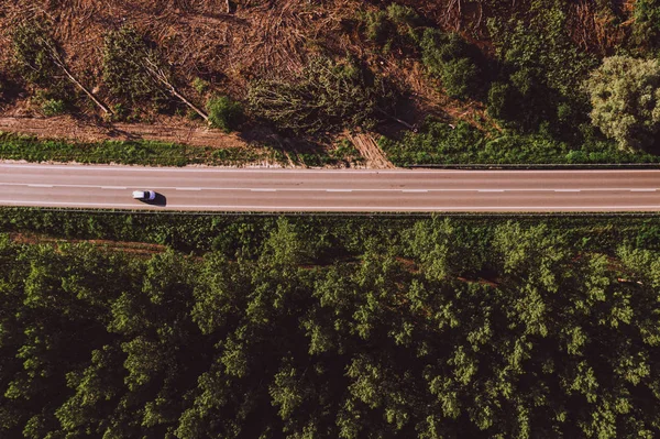 Aerial view of single white car on road through forest — Stock Photo, Image