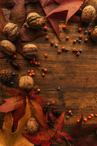 Autumn fruit, berries and leaves on wooden background — Stock Photo, Image