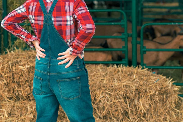 Mujer agricultora posando en granja de cabras — Foto de Stock