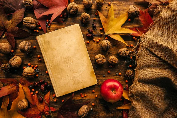 Flat lay top view vintage book with autumn decoration — Stock Photo, Image