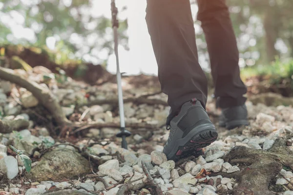 De cerca zapatos de trekking de mujer senderismo en el bosque — Foto de Stock