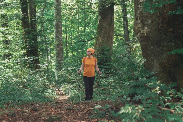 Kadın yürüyüşçü yürüyüş ve ormanda yürüyüş — Stok fotoğraf
