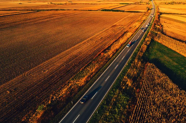 Carros descendo a estrada através do campo no outono — Fotografia de Stock