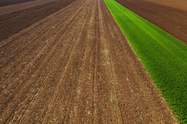 Aerial view of ploughed agricultural field in perspective