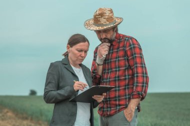 Banker and farmer negotiating bank agriculture loan in green wheat field, selective focus clipart