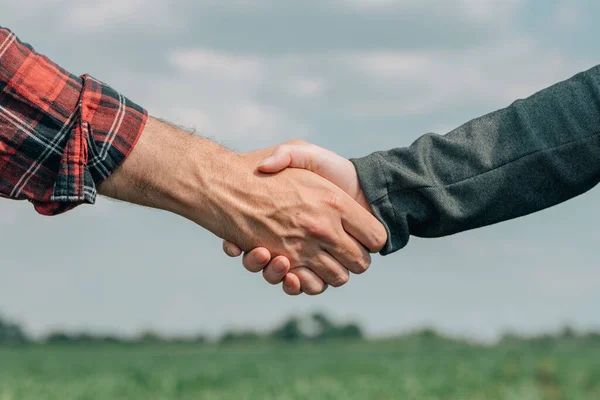 Hypotekslånehandläggare Och Jordbrukare Som Skakar Hand När Når Överenskommelse Ansökan — Stockfoto