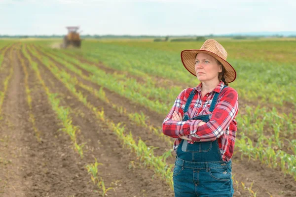 Worried Female Farmer Standing Corn Field Looking Young Green Maize — Stock Photo, Image