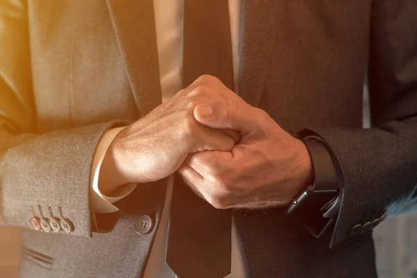 Nervous Businessman Clenching Hands Close Selective Focus — Stock Photo, Image