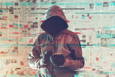Hooded hacker person using smartphone in infodemic concept with digital glitch effect clipart