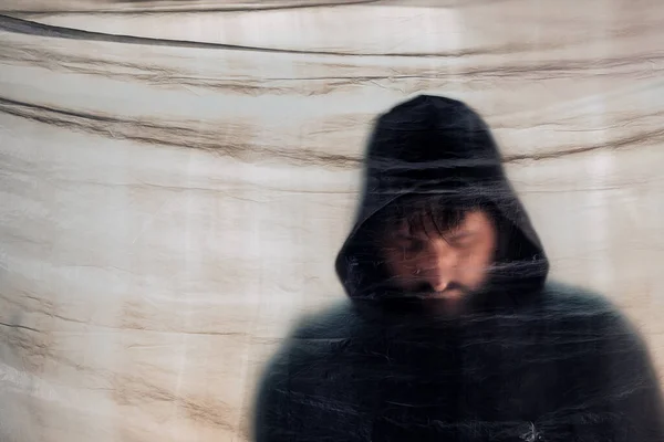 Drug Addiction Concept Blurred Male Person Hoodie Plastic Curtain Selective — Stock Photo, Image