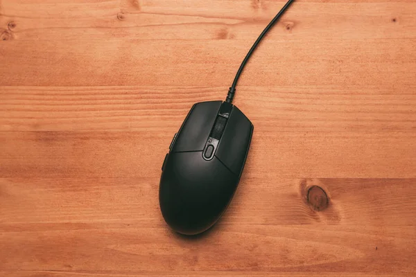 Computer Mouse Wooden Desk Top View Black Peripheral Hardware Copy — Stock Photo, Image