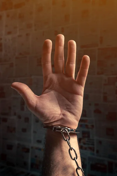 Handcuffed Arrested Journalist Protesting Raised Hand Pleading Help Conceptual Image — Stock Photo, Image