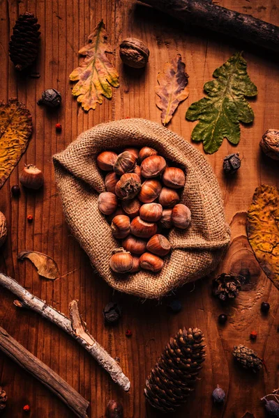 Top View Shelled Hazelnuts Environmentally Eco Friendly Burlap Sack Rustic — Stock Photo, Image