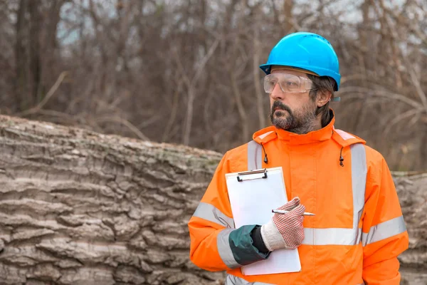 Skogstekniker Poserar Med Urklipp Anteckningsblock Bredvid Ett Träd Logg Skogen — Stockfoto