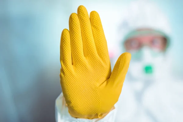 Female Epidemiologist Gesturing Stop Sign Hospital Quarantine Selective Focus — Stock Photo, Image