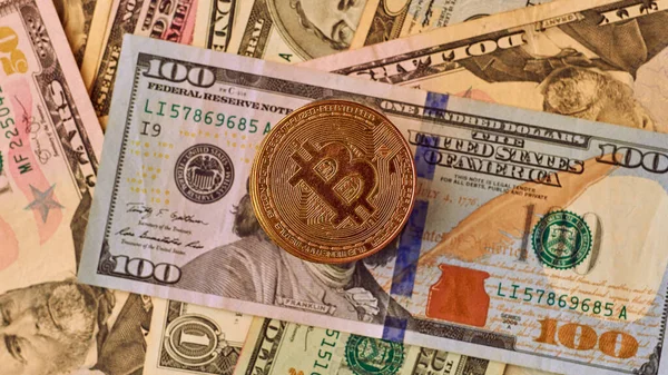 Dolary Kryptowaluta Bitcoins Widok Góry Koncepcja Biznesu Finansów — Zdjęcie stockowe