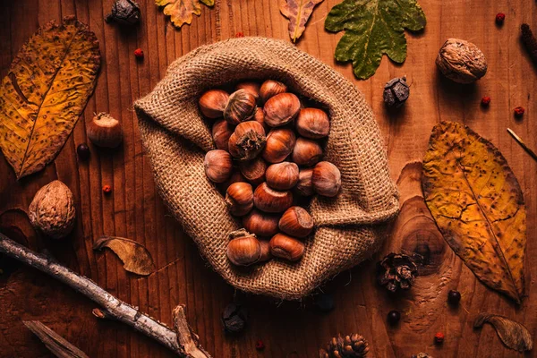 Top View Shelled Hazelnuts Environmentally Eco Friendly Burlap Sack Rustic — Stock Photo, Image