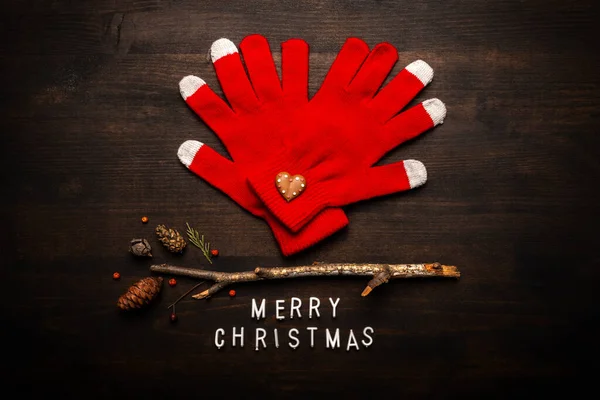 Gants Rouges Tricotés Joyeux Noël Texte Plat Vue Dessus — Photo