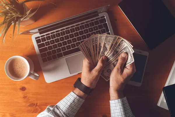 Businessman Counting Dollar Paper Banknotes Cash Money Office Desk Morning — Stock Photo, Image