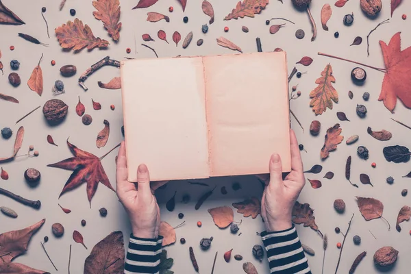 Woman Holding Blank Book Mock Copy Space Overhead Shot Autumn — Stock Photo, Image