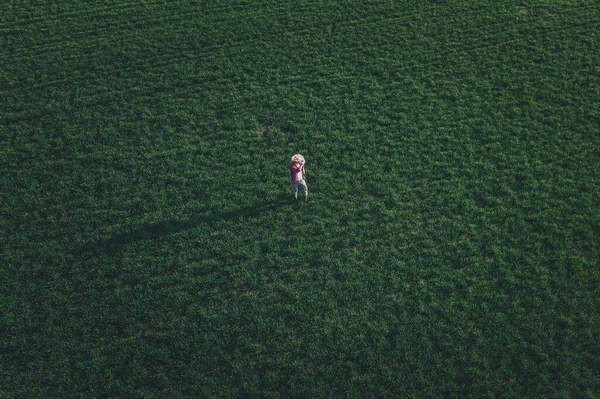 Pšeničný Farmář Stojící Dívající Pšeničné Pole Letecký Pohled Dospělého Pracovníka — Stock fotografie