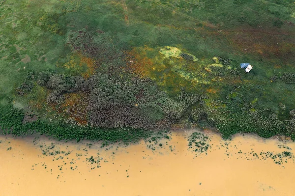 Dron pov 'dan taşrayı ve nehri su basmış. Sırbistan 'ın Voyvodina ilindeki Tamis Nehri.