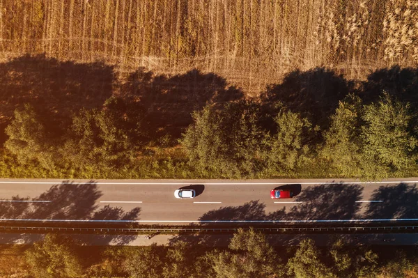 無人機のPovから田舎の風景を介して道路上の2台の車のトップビュー — ストック写真