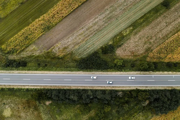 Trois Voitures Blanches Sur Route Vue Aérienne Haut Bas Drone — Photo