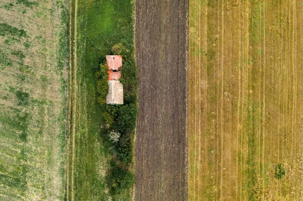 Vue Aérienne Ferme Abandonnée Dans Champ Drone Pov — Photo