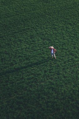 Buğday çiftçisi ayakta duruyor ve buğday çimleri üzerinde bakıyor. Yetişkin erkek çiftçi tarlaları inceliyor.