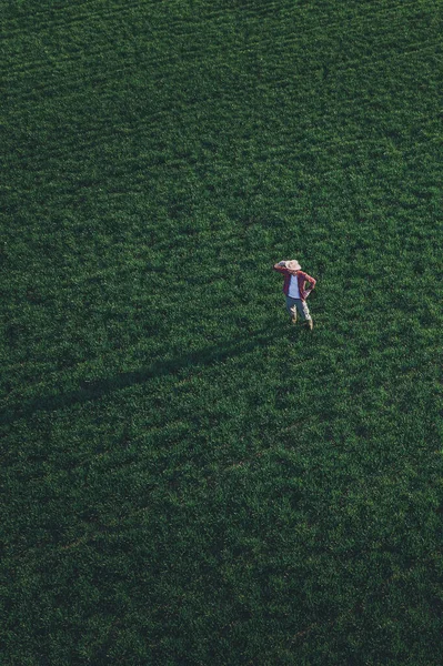 Pšeničný Farmář Stojící Dívající Pšeničné Pole Letecký Pohled Dospělého Pracovníka — Stock fotografie